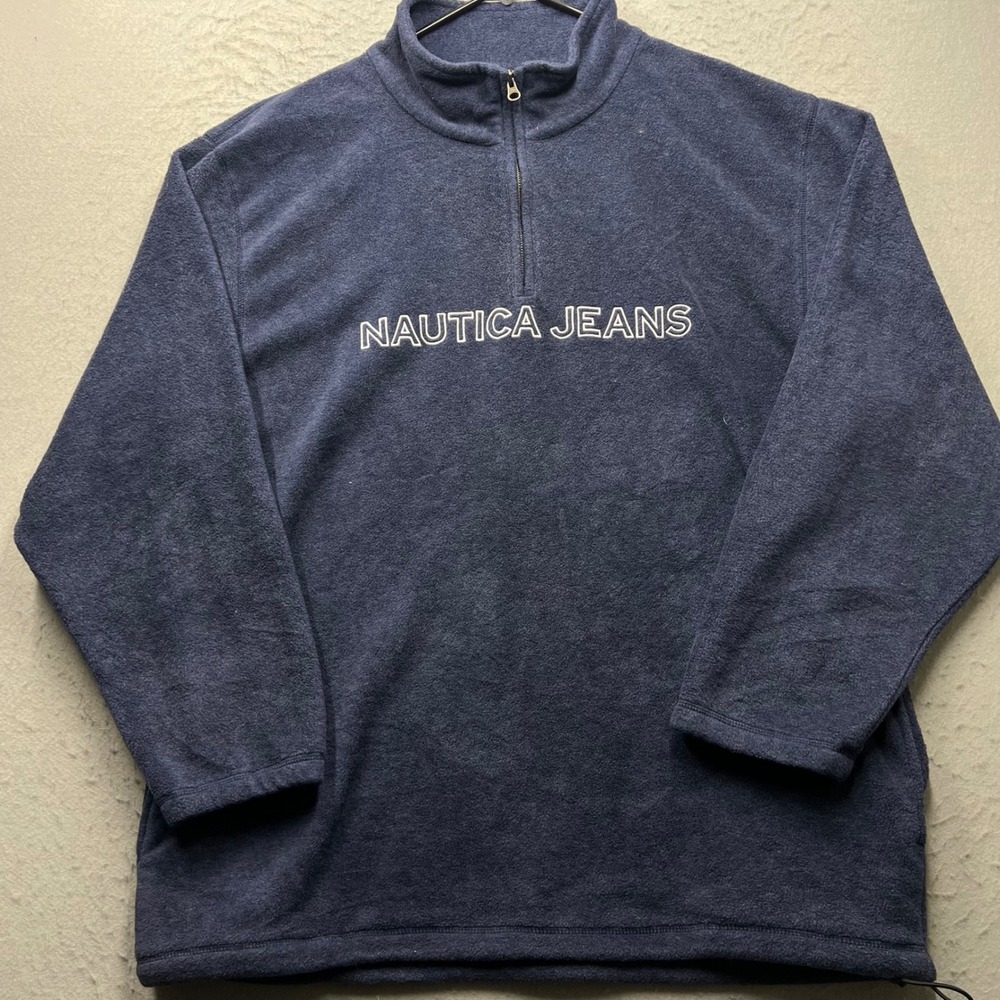 Nautica Jeans Mens XXL Quarter Zip Fleece Pullover Navy Blue Spellout USA Made